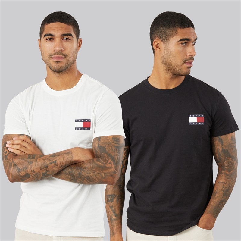 Tommy Jeans Mens Two Pack Slim Fit Essential Flag T-Shirts Black/Ecru
