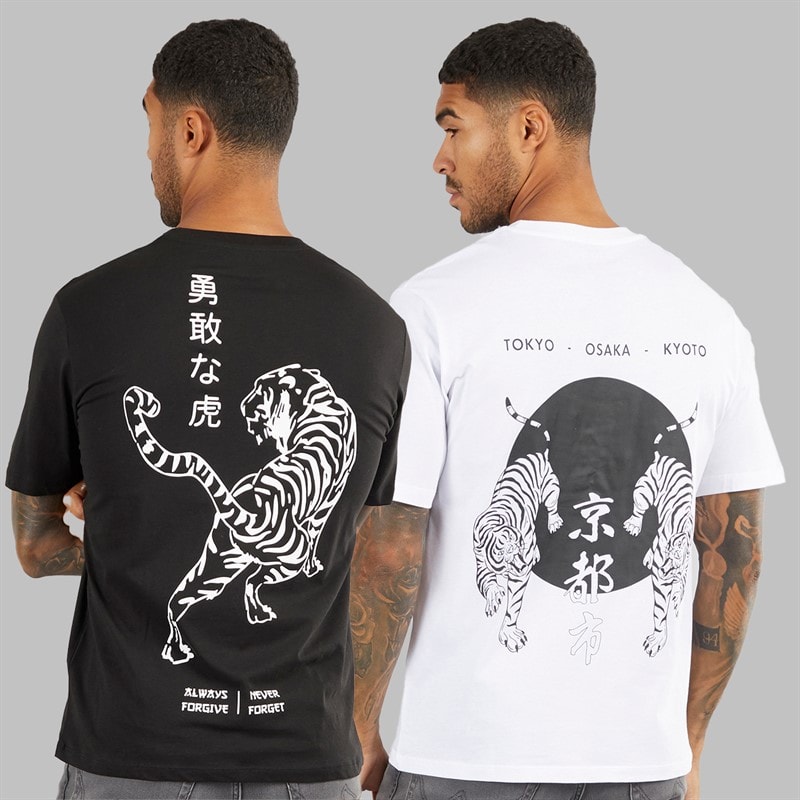 JACK & JONES Mens Relaxed Fit Back Print Two Pack T-Shirts Black/White