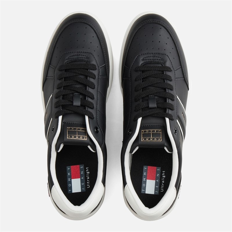 Mens Lightweight Leather Court Trainers Black - Image 4