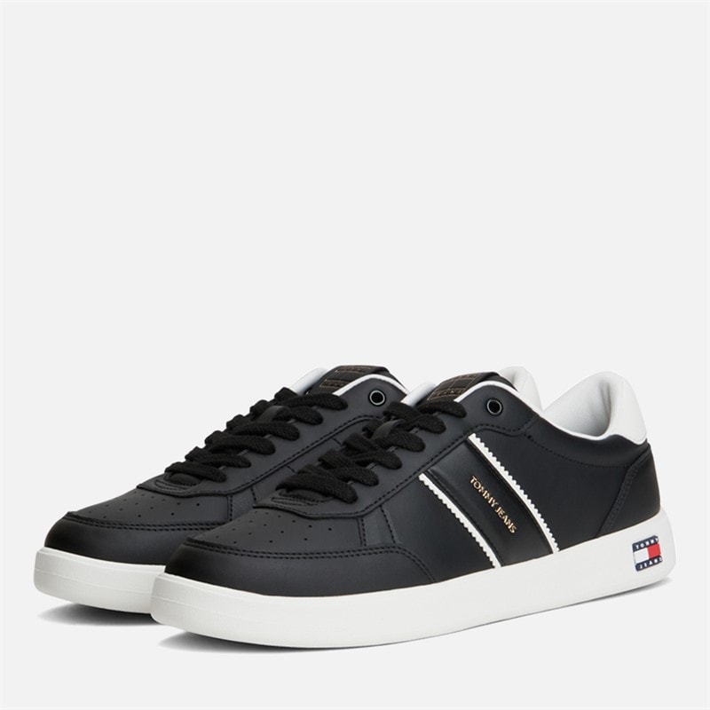 Mens Lightweight Leather Court Trainers Black - Image 5