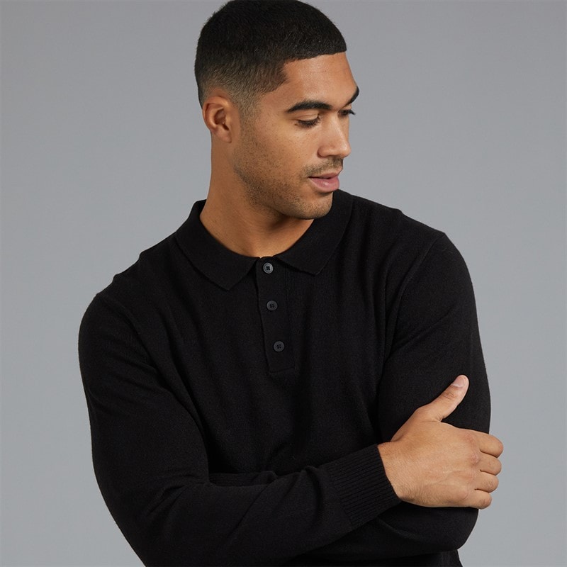 Mens Archie Knitted Polo Shirt Black - Image 3
