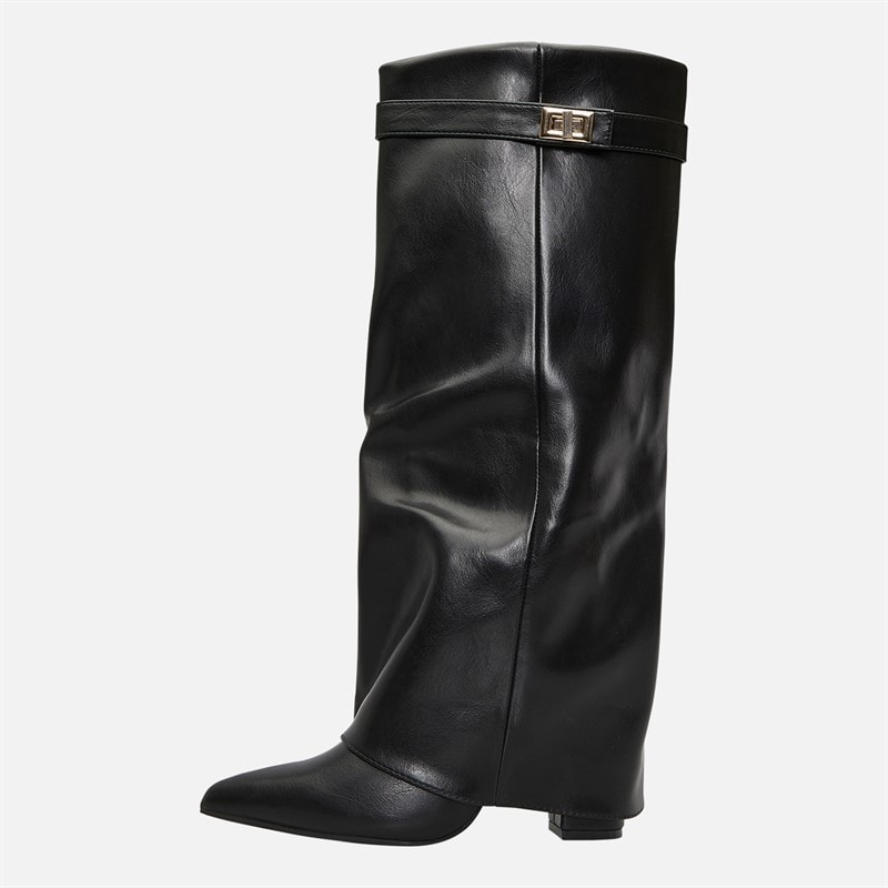 Womens Knee High Fold-Over Heel Boots Black PU - Image 2