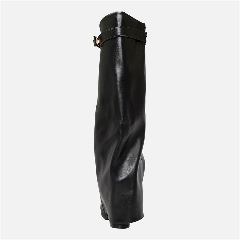 Womens Knee High Fold-Over Heel Boots Black PU - Image 4