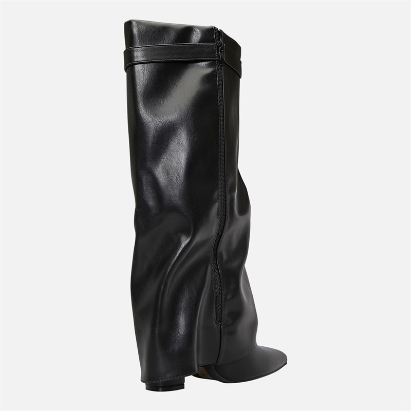 Womens Knee High Fold-Over Heel Boots Black PU - Image 5