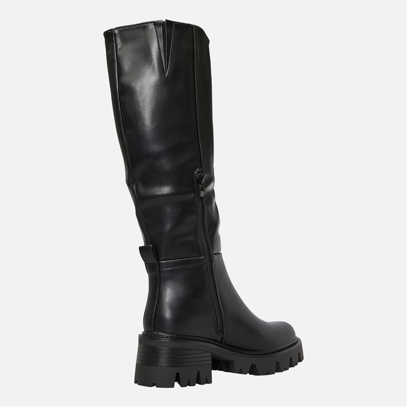 Womens Chunky Knee High Boots Black PU - Image 5