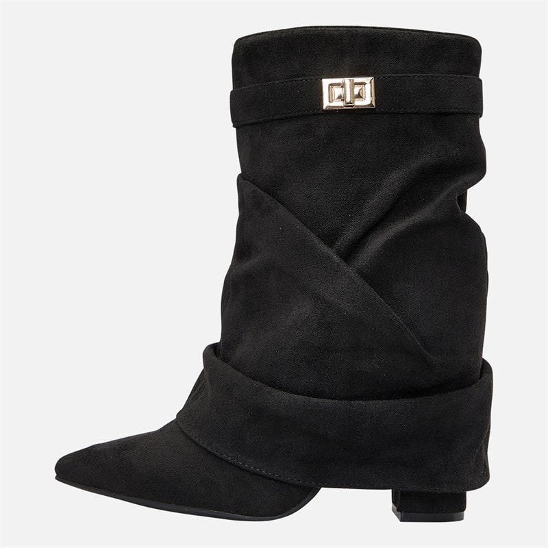 Womens Slouch Fold-Over Ankle Boots Black Micro - Image 2