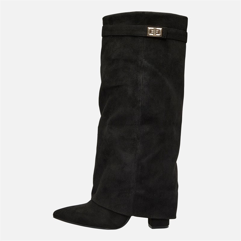 Womens Knee High Foldover Heel Boots Black Micro - Image 2