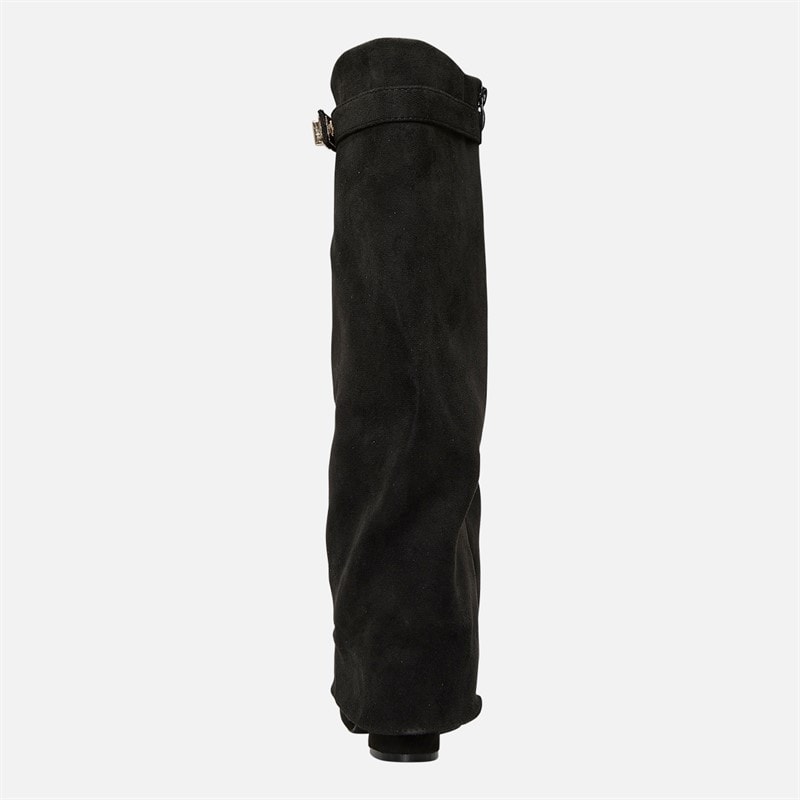 Womens Knee High Foldover Heel Boots Black Micro - Image 4