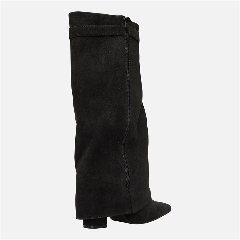 Womens Knee High Foldover Heel Boots Black Micro - Image 5