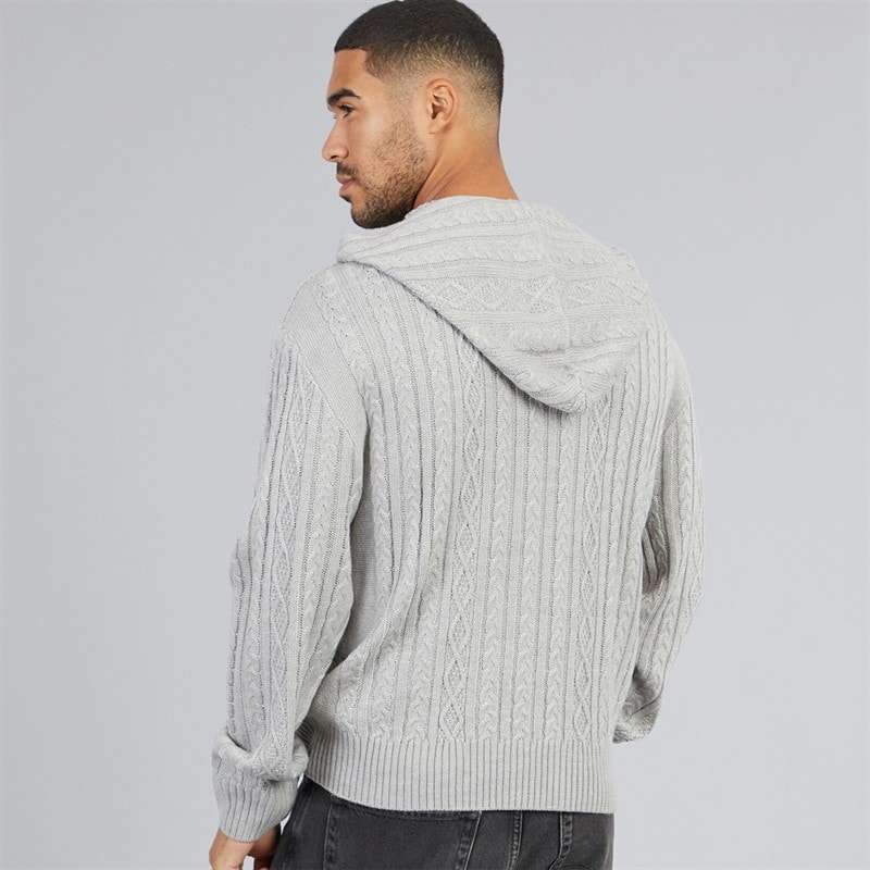Mens Story Cable Zip Through Hoodie Light Grey Marl - Image 2