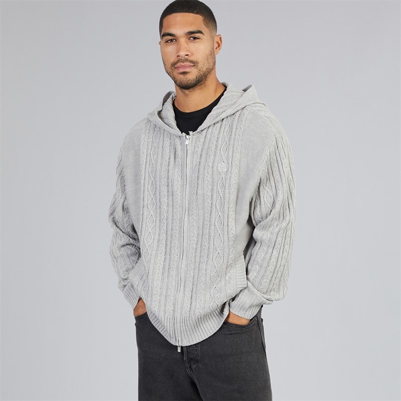 Mens Story Cable Zip Through Hoodie Light Grey Marl - Image 4