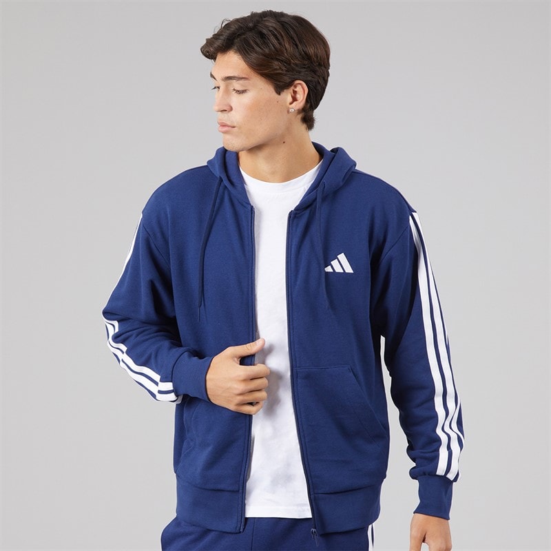 adidas Mens Essentials 3-Stripes Full Zip Hoodie Dark Blue/White
