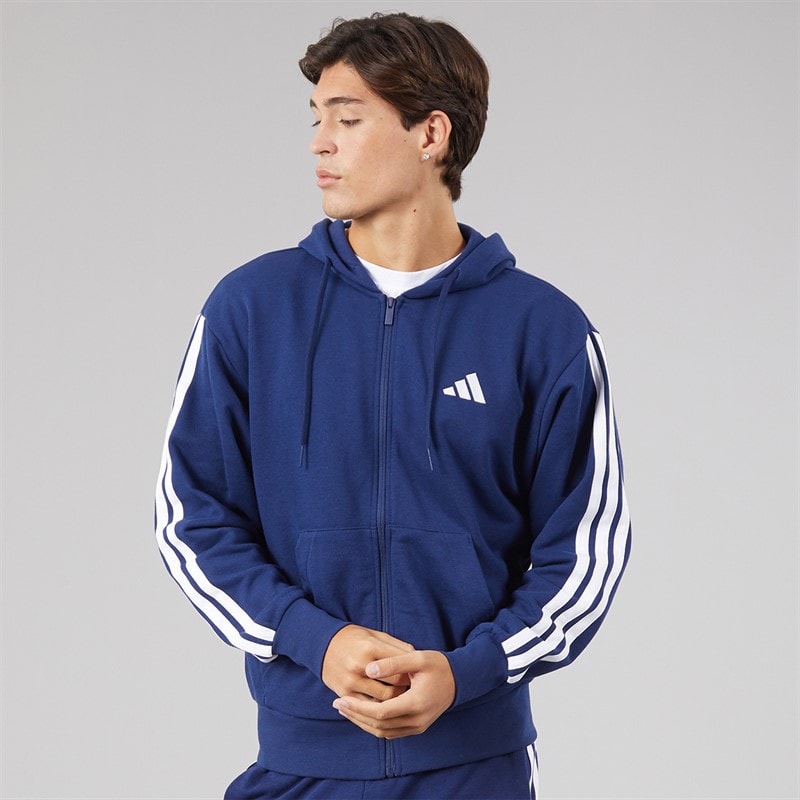Mens Essentials 3-Stripes Full Zip Hoodie Dark Blue/White - Image 3