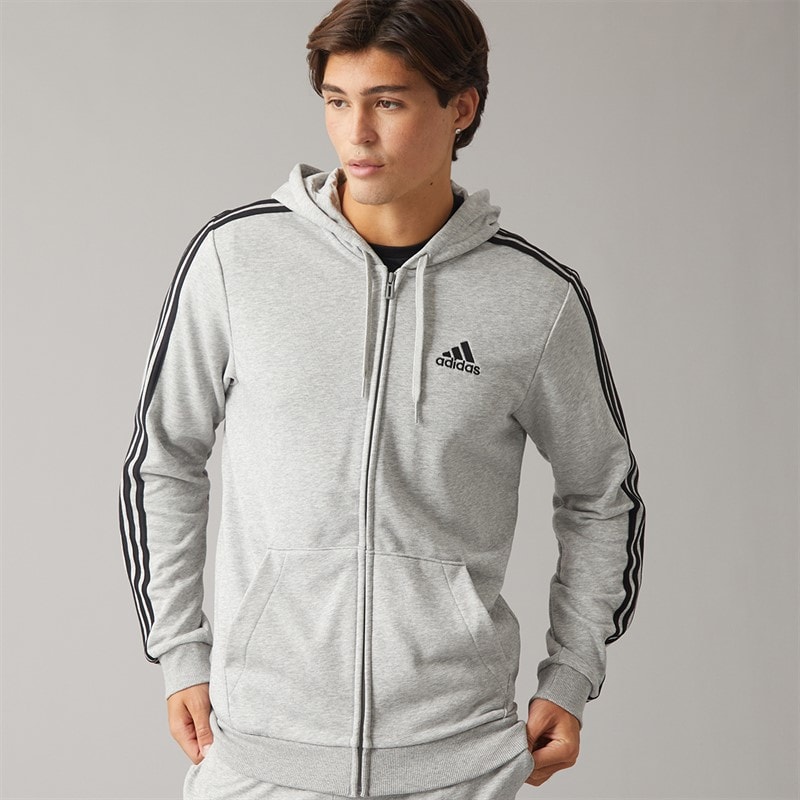adidas Mens Essentials 3 Stripes Full Zip Hoodie Medium Grey Heather/Black