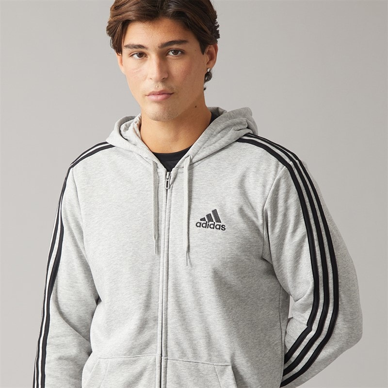 Mens Essentials 3 Stripes Full Zip Hoodie Medium Grey Heather/Black - Image 3