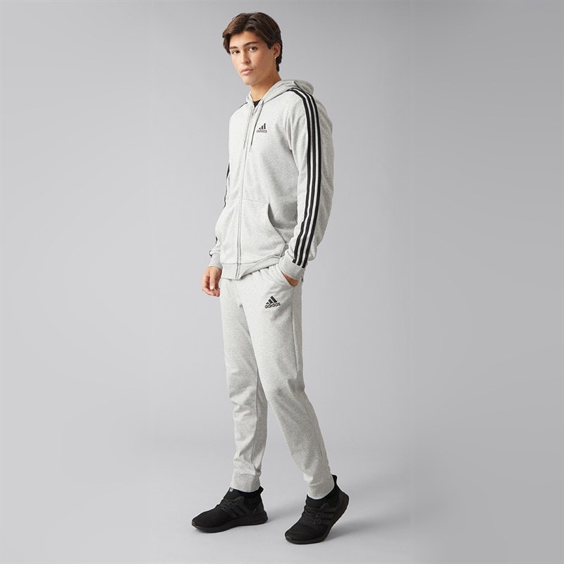 Mens Essentials 3 Stripes Full Zip Hoodie Medium Grey Heather/Black - Image 4