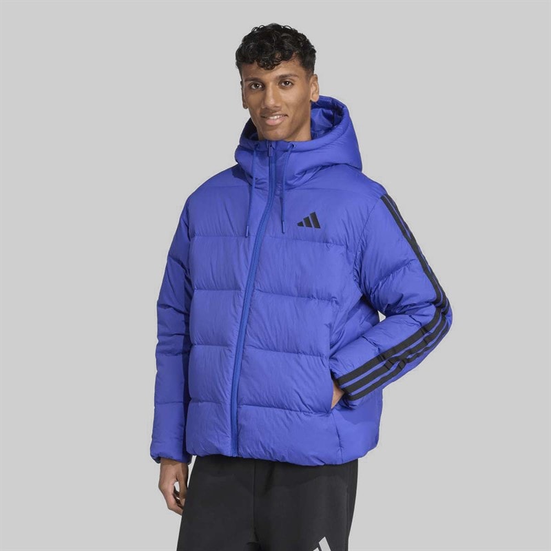 adidas Mens Essentials Climawarm 3 Stripes Puffer Down Insulated Hooded Jacket Semi Lucid Blue