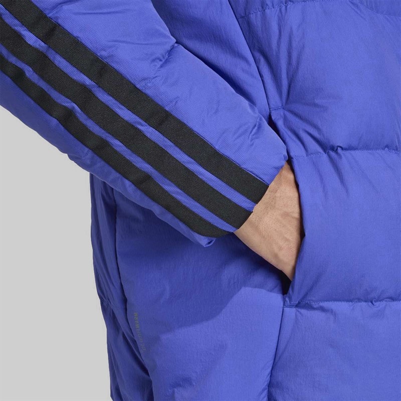 Mens Essentials Climawarm 3 Stripes Puffer Down Insulated Hooded Jacket Semi Lucid Blue - Image 3