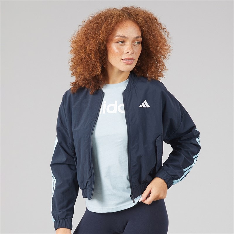 adidas Womens Essentials 3-Stripes Woven Windbreaker Jacket Night Navy/Ice Blue