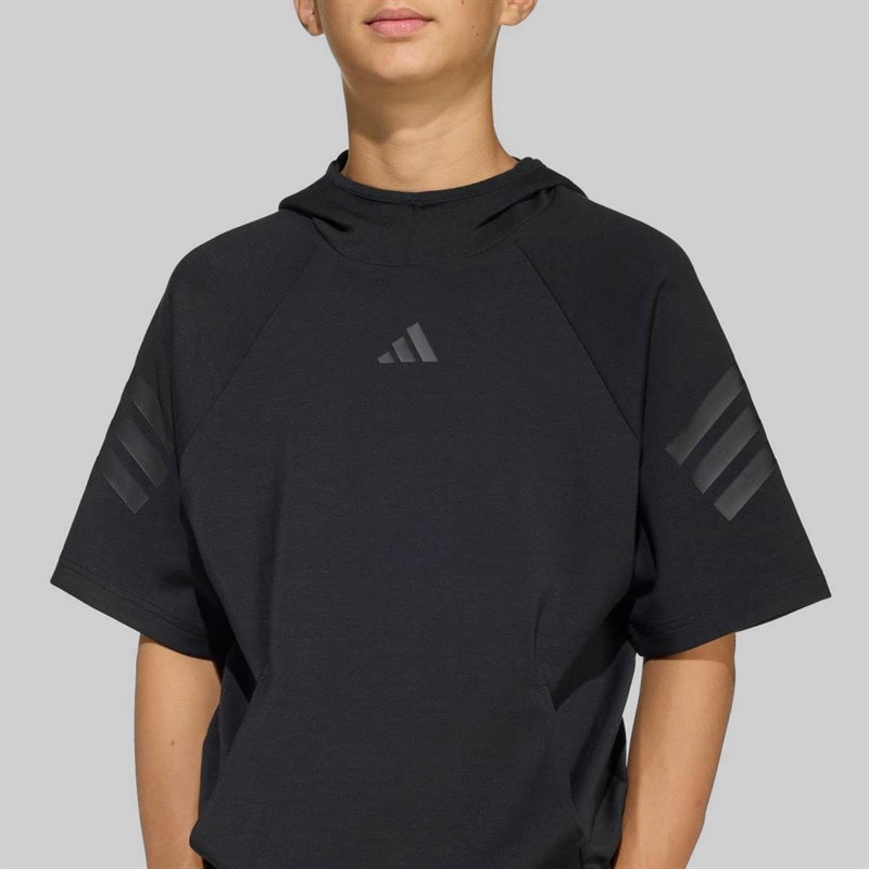 Junior Future Icons 3 Stripes Short Sleeve Hoodie Black/Black - Image 3