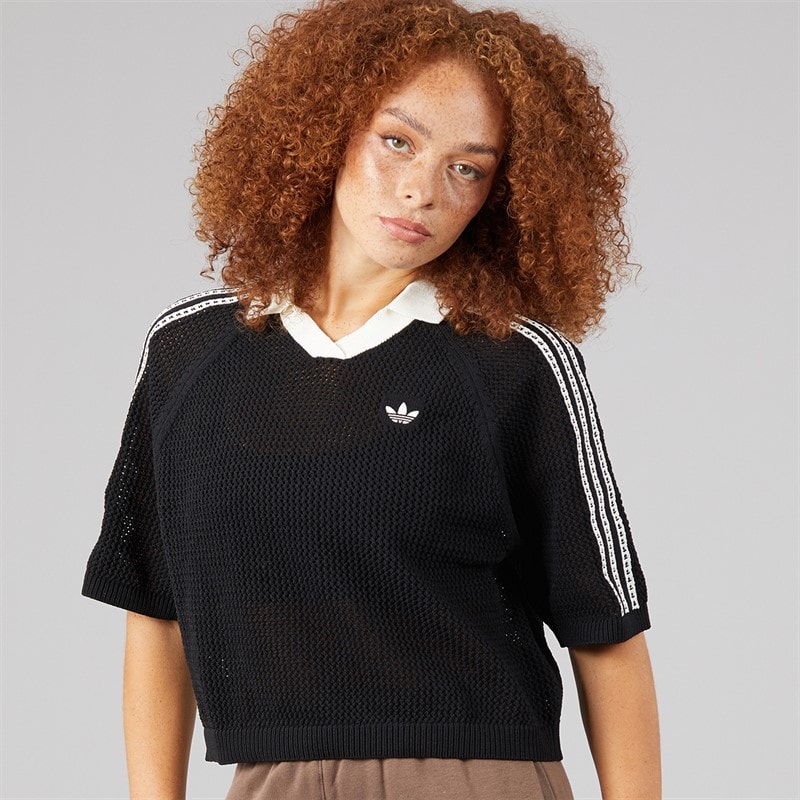 adidas Originals Womens Knitted Crochet Polo Shirt Black