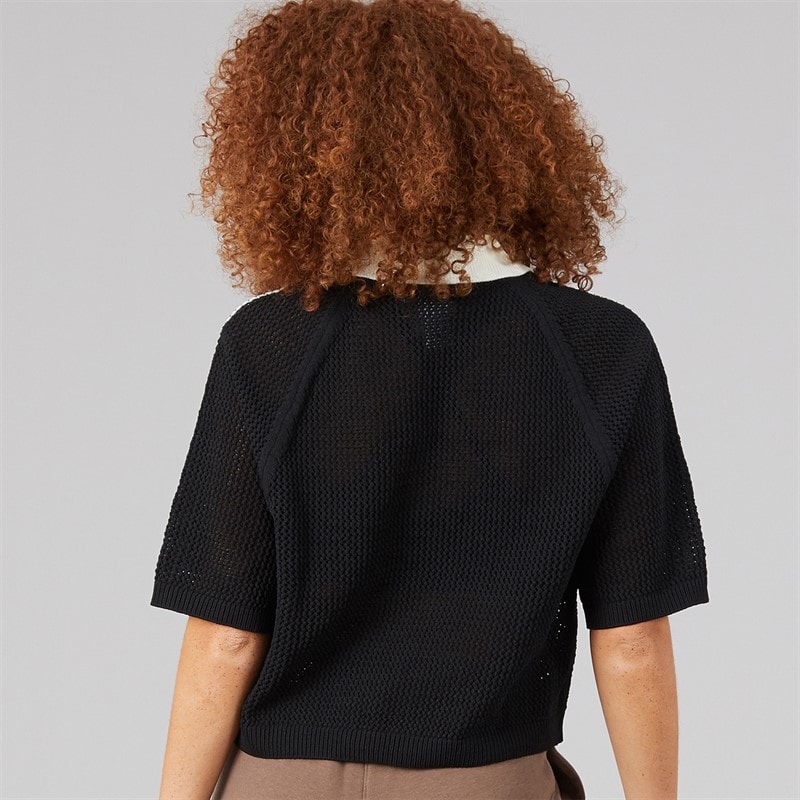 Womens Knitted Crochet Polo Shirt Black - Image 2