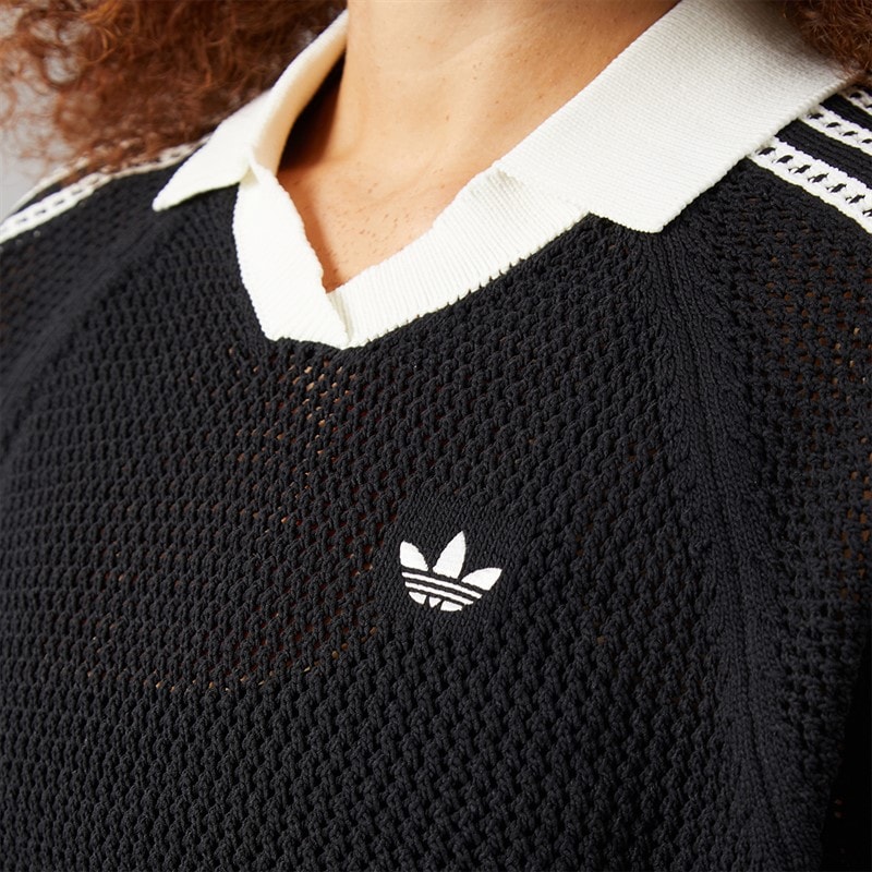 Womens Knitted Crochet Polo Shirt Black - Image 3