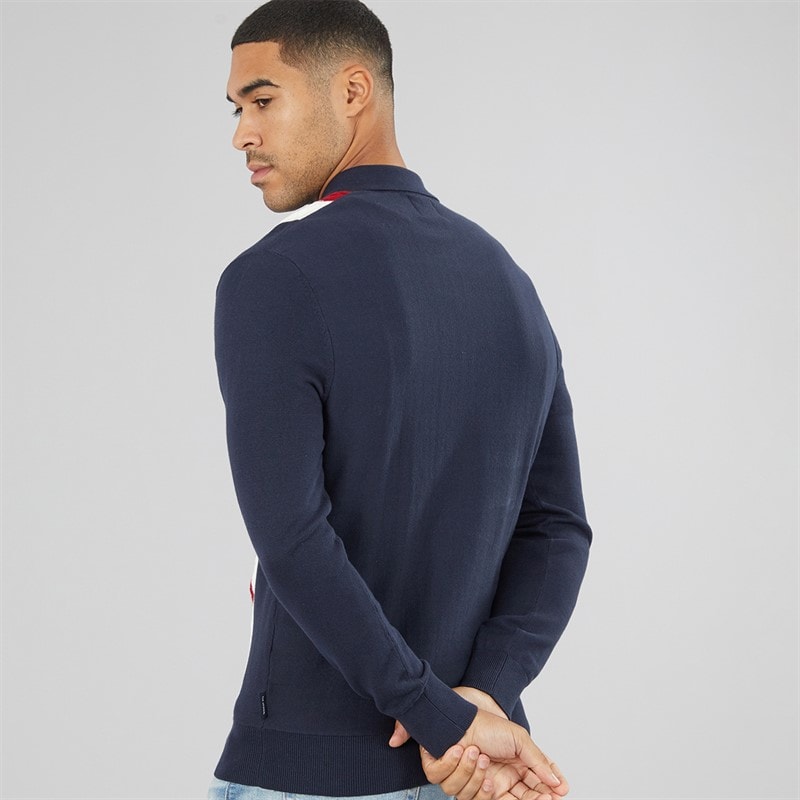Mens Long Sleeve Vertical Stripe Polo Shirt Dark Navy - Image 2