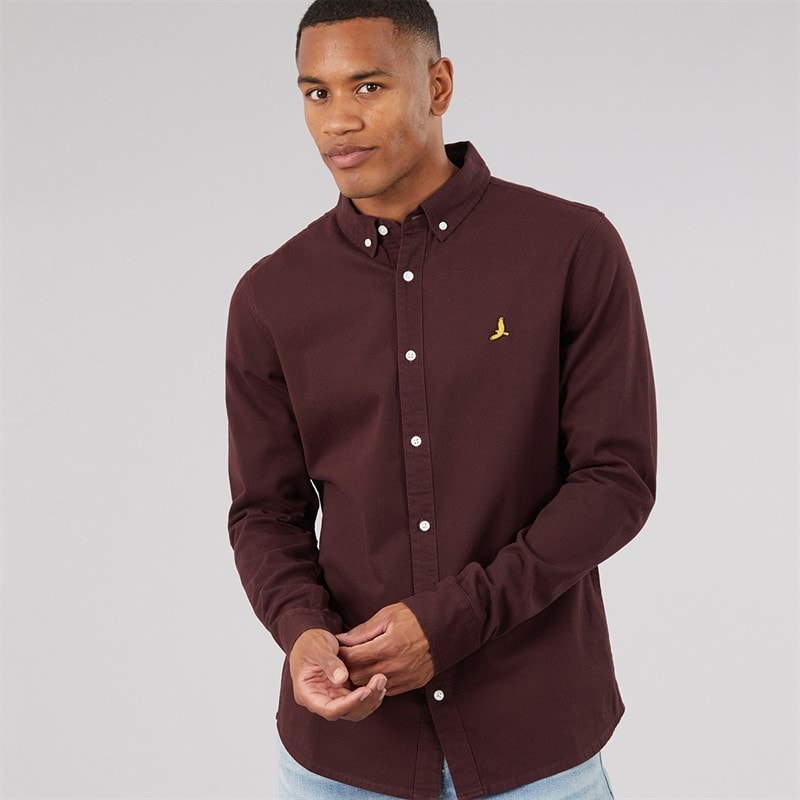 Brave Soul Mens Gray Long Sleeve Shirt Burgundy/Navy