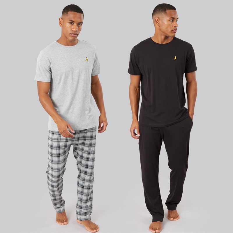 Brave Soul Mens Carl Four Pack T-Shirt And Lounge Pants Set Black/Grey Marl/Check