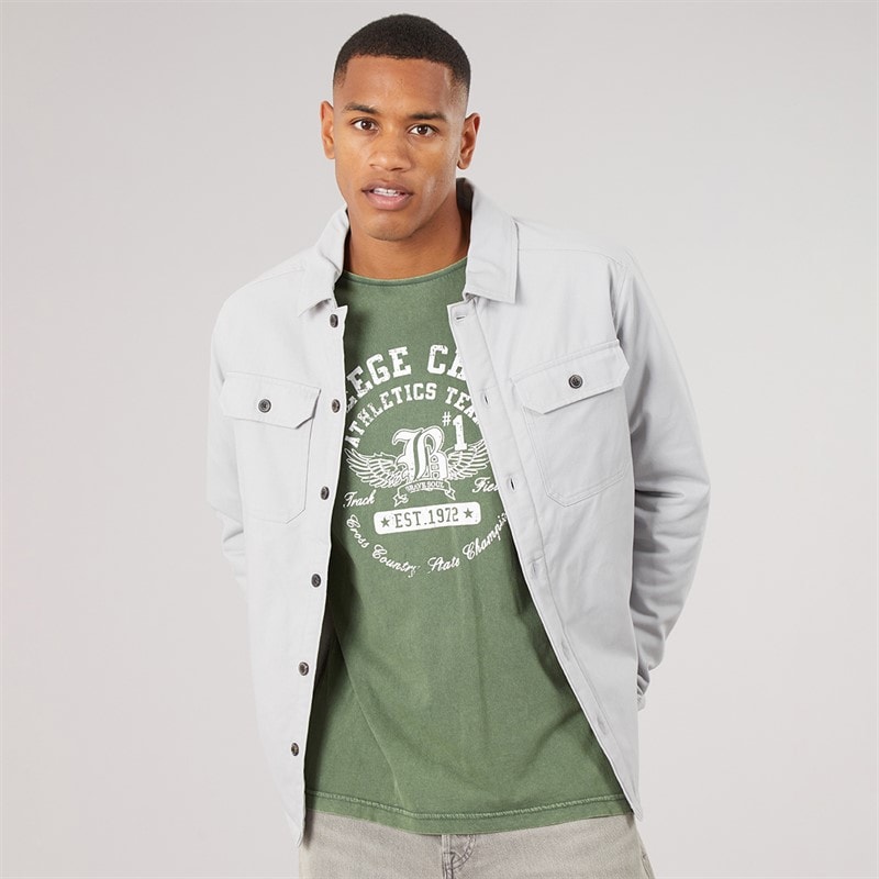 Brave Soul Mens Doige Long Sleeve Shacket Ice Grey/Ecru Borg