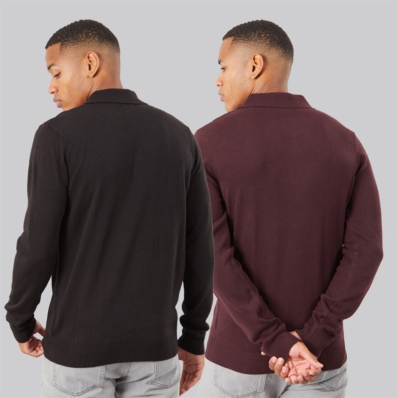 Mens Chorlton Two Pack Knitted 1/4 Zip Polo Shirts Jet Black/Oxblood - Image 2