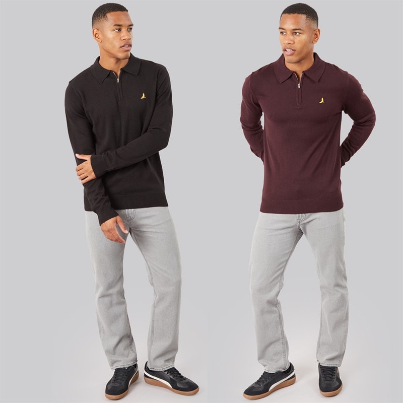 Mens Chorlton Two Pack Knitted 1/4 Zip Polo Shirts Jet Black/Oxblood - Image 3