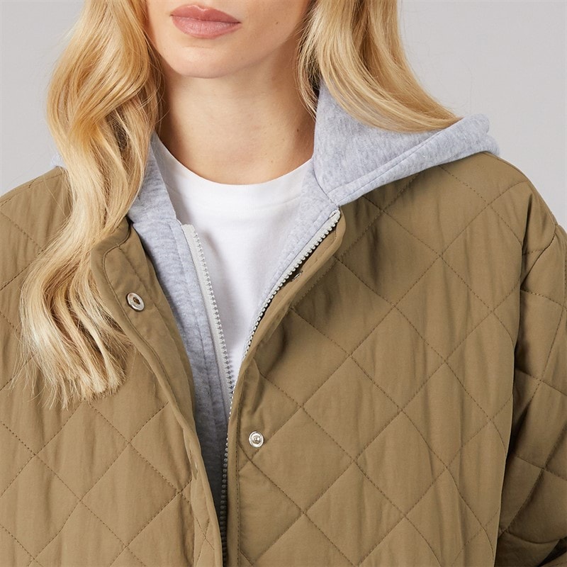 Womens Amalie Quilted Hooded Jacket Khaki/Grey Marl - Image 5