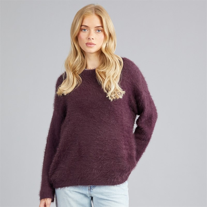 Brave Soul Womens Gardena Fluffy Crew Neck Jumper Plum