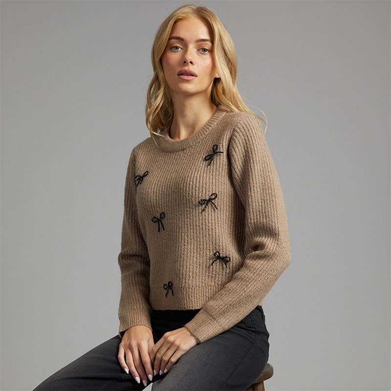 Brave Soul Womens Pretty Fisherman Crew Neck Jumper Mink/Black Bows