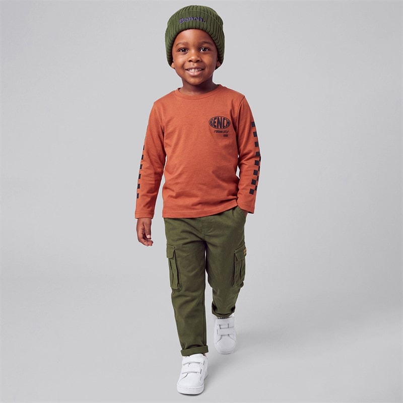 Bench Boys Long Sleeve T-Shirt Cargo Trousers And Beanie Hat Green