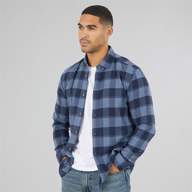 Mens Joshua Fall Buffalo Long Sleeve Check Shirt Vintage Indigo - Image 3