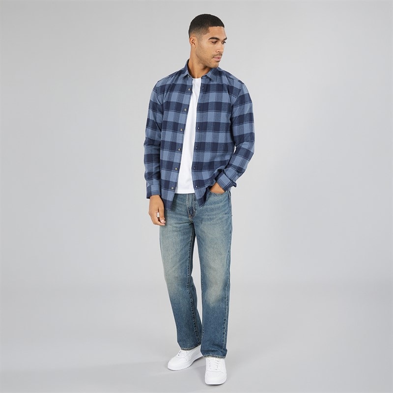 Mens Joshua Fall Buffalo Long Sleeve Check Shirt Vintage Indigo - Image 4