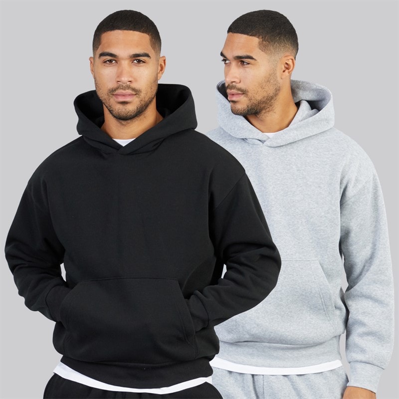 JACK & JONES Mens Oversized Two Pack Hoodies Black/Light Grey Marl