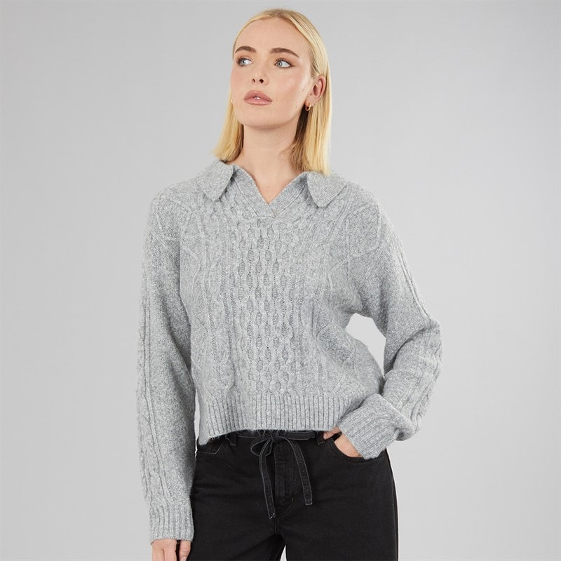 Womens Nova Cable Knit Jumper Light Heather Grey/Grey YC 000737 - Image 3