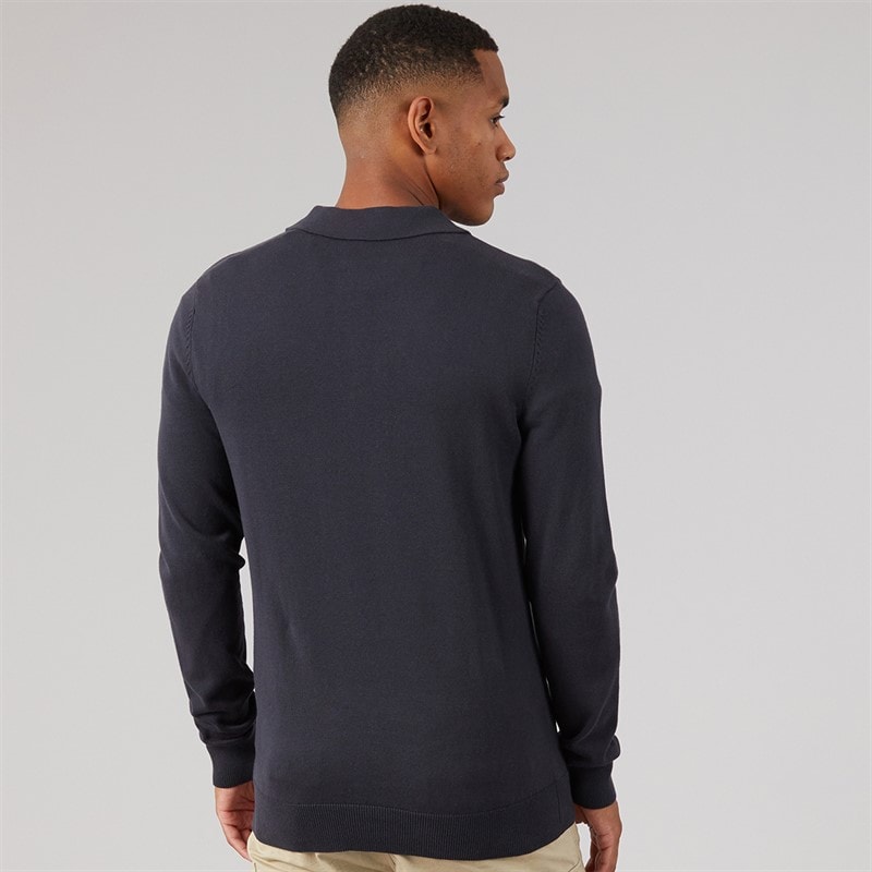 Mens Luxe Slim Fit Zip Knitted Polo Shirt Dark Navy - Image 2