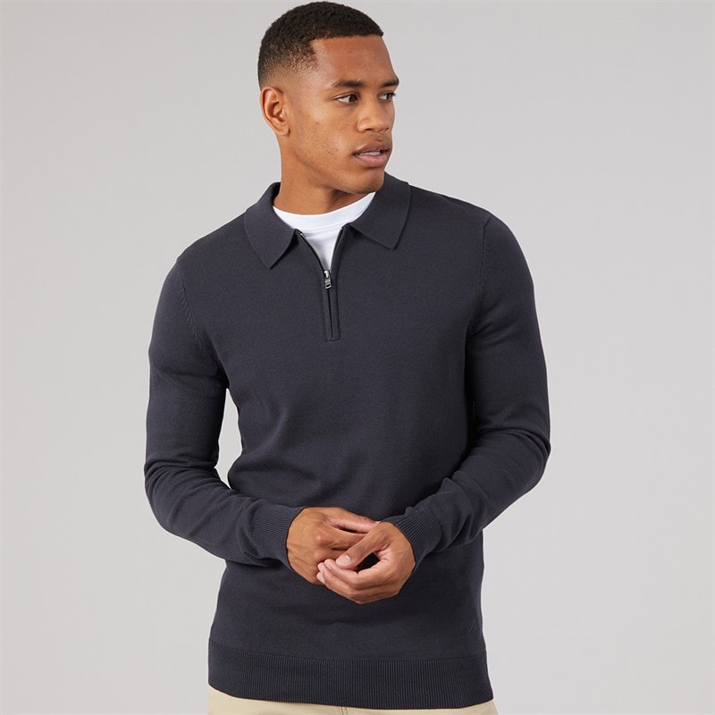 Mens Luxe Slim Fit Zip Knitted Polo Shirt Dark Navy - Image 3