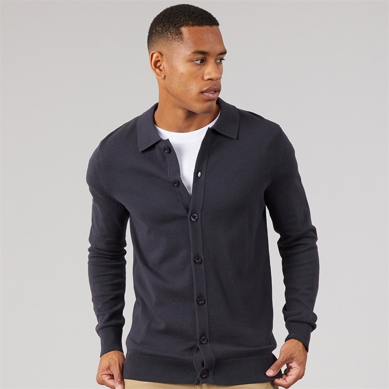 Mens Luxe Slim Fit Polo Collar Knit Jacket Dark Navy - Image 3
