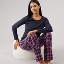 Womens Long Sleeve Top And Check Pants Set Navy/Pink