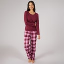 Womens Long Sleeve Top And Check Pants Set Bugundy