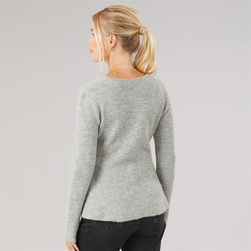 Womens Crew Neck Button Through Peplum Cardigan Light Grey Melange - Image 2