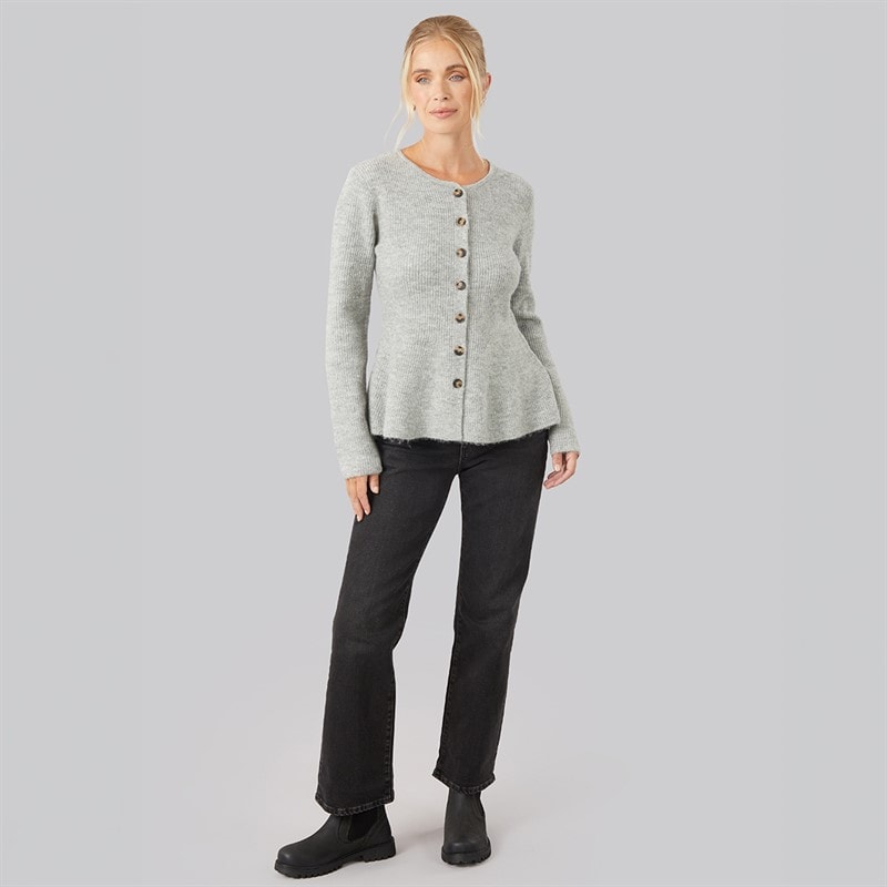 Womens Crew Neck Button Through Peplum Cardigan Light Grey Melange - Image 3