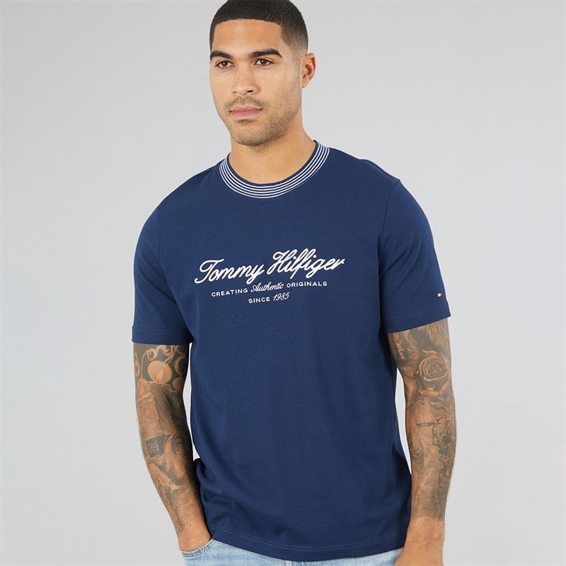 Tommy Hilfiger Mens Nautical Tipped Collar T-Shirt Carbon Navy