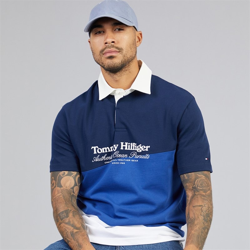 Tommy Hilfiger Mens Graphic Colorblock Polo Shirt Carbon Navy/Multi